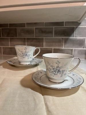 Noritake China Cup & Saucer Set of 2 Carolyn 2693 Silver Trim Floral Vintage