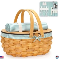 Deluxe Picnic Basket for 2 - Complete Set with Blanket, Tableware, Lid & Handle