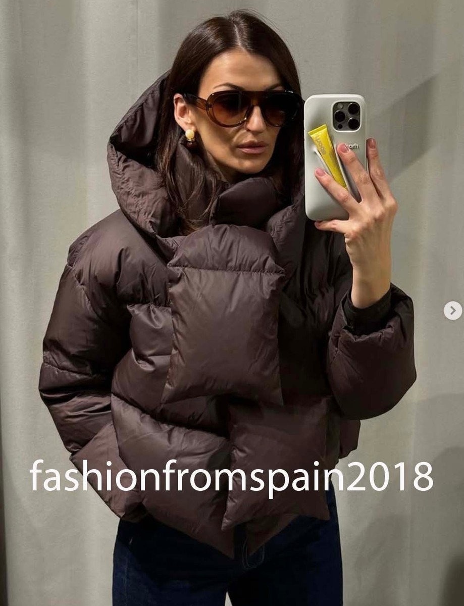 ZARA NEW WOMAN WATER REPELLENT WIND DOWN PUFFER COAT HOODIE BROWN