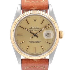 Rolex Mens Watch Datejust 16233 36mm Champagne Index Dial Fluted Bezel Leather