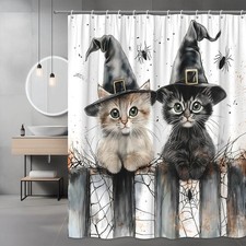 Halloween Cat Shower Curtain with Witch Hats and Spiders