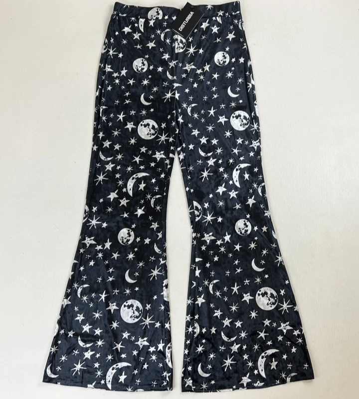 Pantalones Disturbia Talla 12 Allnighter Terciopelo Llamaradas Sol Luna Negro/Blanco Halloween