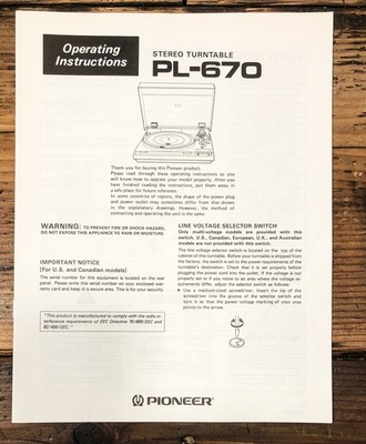 Pioneer PL-670 Record Player / Turntable Owners / User Manual *Original*