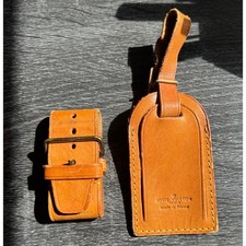 Authentic Louis Vuitton Vachetta Leather Name Luggage Tag And Poignet Set SN205