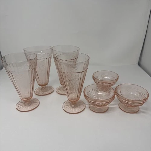Vintage Pink Depression Glass Sharon Cabbage Rose 7pc Set Tumblers Sherbets