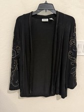 Chicos Travelers Cardigan Jacket Embroidered Embellished Sz 1 Black Slinky Knit