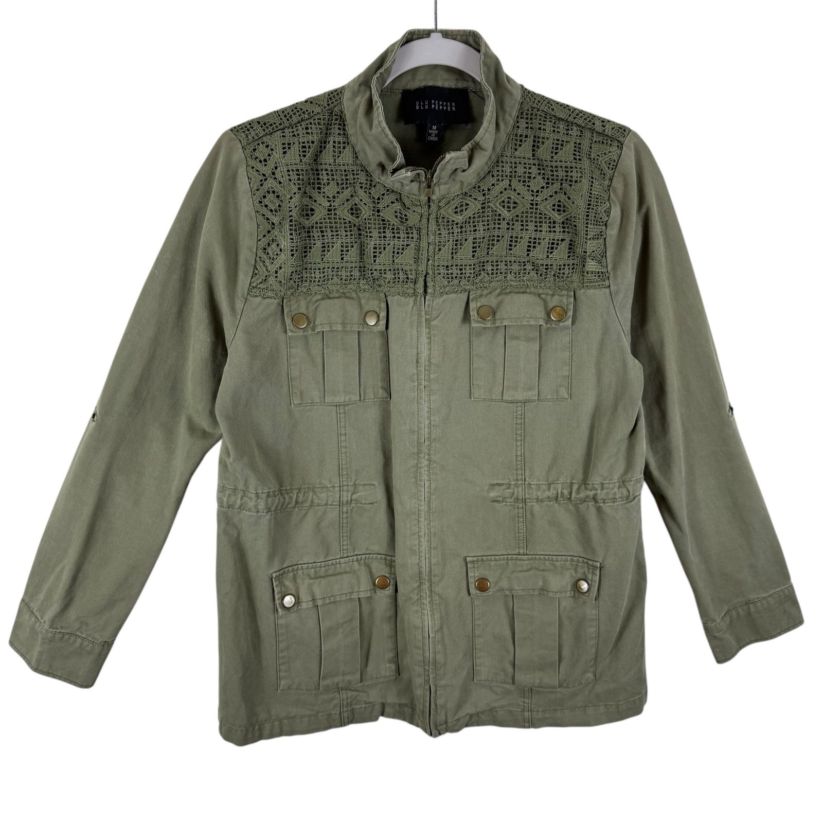 Blue Pepper Green Full Zip Lace Detail Cotton Denim Utility Jacket Size M