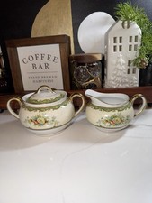 Vintage Japanese M Wreath JAPAN Porcelain Sugar Bowl & Creamer Set Floral Gold