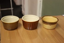 MIXED SET OF 3 BROWN  CERAMIC "CREME BRULEE"  DISHES - MINT