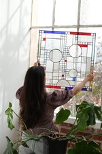 Stained Glass Panel Frank Lloyd Wright Insprd Geometric Abstract Framed 24 INCH