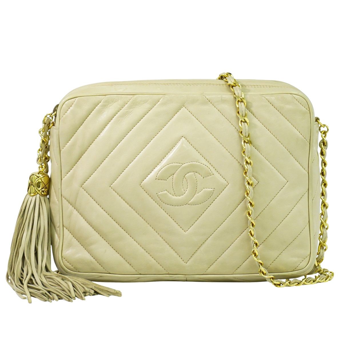 Vintage Chanel Lambskin Leather Beige Tassel Shoulder Bag Pochette