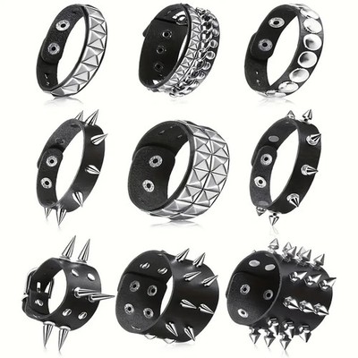 Gothic Rivet Chain Bracelet Men Black Tone Layered Punk Link Chain Jewelry