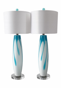 Set of 2 Hand Blown Glass Table Lamps Blue/White Drum Shades Corded 02394