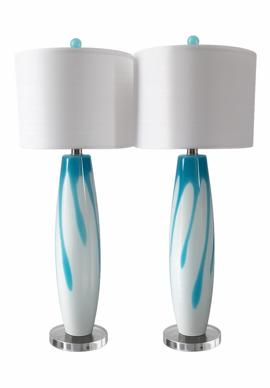 Set of 2 Hand Blown Glass Table Lamps Blue/White Drum Shades Corded 02394