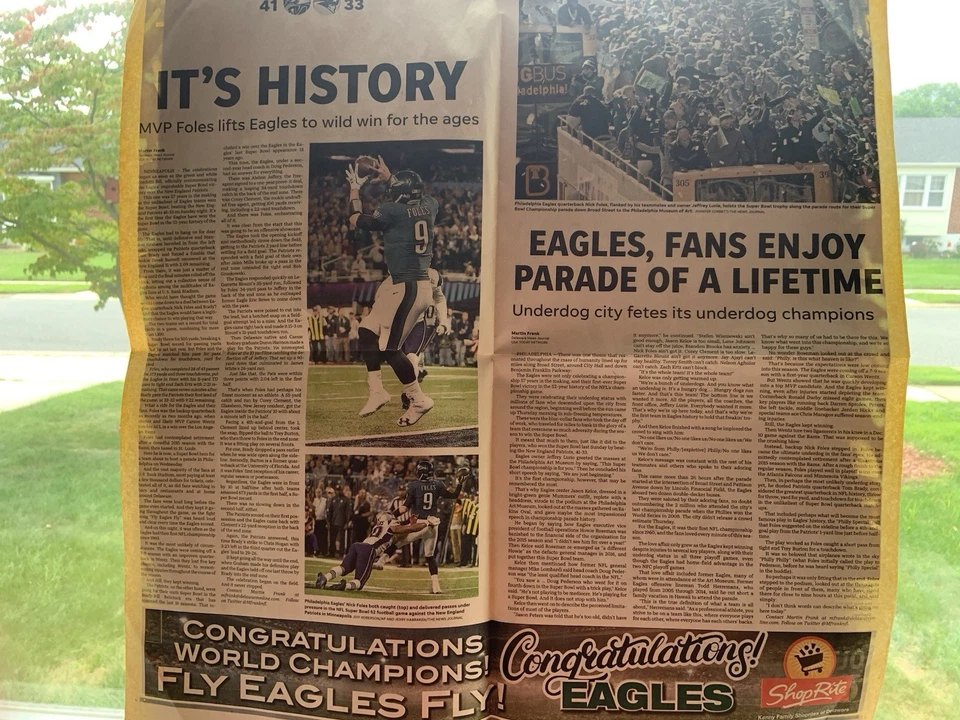 EAGLES “FINALMENTE” Super Bowl 2018 periódico original Nick Foles Delaware noticias Foto 2 de 4