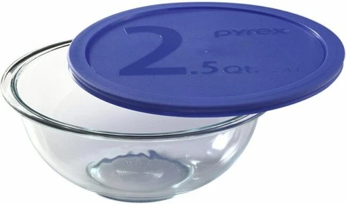 Pyrex Round Mixing Nesting Bowl Clear Glass 2.5 Qt. with Blue Lid
