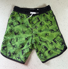 Minecraft Boys Creeper Graphic Swim Trunks Green/Black Drawstring Elastic S