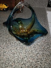 Vintage Mid Century Murano Blown Glass Blue Basket Made in Italy