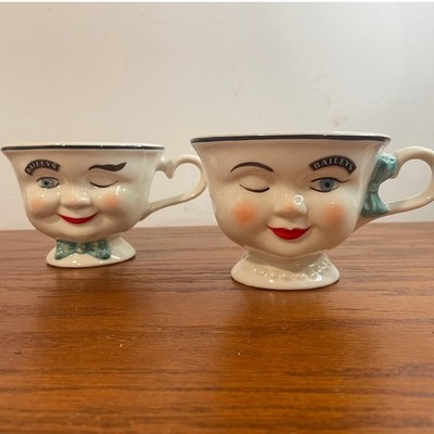 Set 2 MINT VTG 90s Baileys Mr Mrs Wink Face Yum Ceramic Mugs His Hers Winking