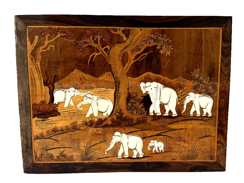 Mysore Elephant Family Wood Inlay Art Indian Hand Crafted Marquetry Panel