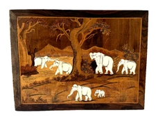 Mysore Elephant Family Wood Inlay Art Indian Hand Crafted Marquetry Panel