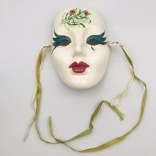 Mardi Gras Style Ceramic Mask White w/ Butterflies Ferns 6.75" x 5" Ribbons