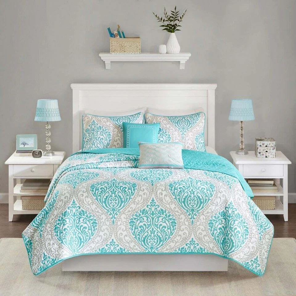 ¡NUEVO! ~ JUEGO DE EDREDÓN Y ALMOHADAS SUAVES COSTERAS CASA DE PLAYA GRIS CHIC AZUL AGUA BLANCO Foto 3 de 3