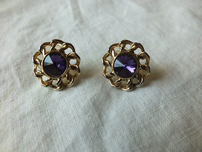 Collectible Post Pierced Earrings Gold Tone Purple Rhinestone 1 Inch NICE