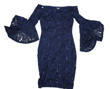 Venus Blue Sequin Lace Off the Shoulder Bodycon Mini Dress Ruffle Sleeve Women M