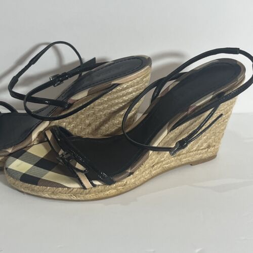 Burberry Patent Leather Nova Check Espadrille Wedge Sandals Size 40 - Picture 2 of 13