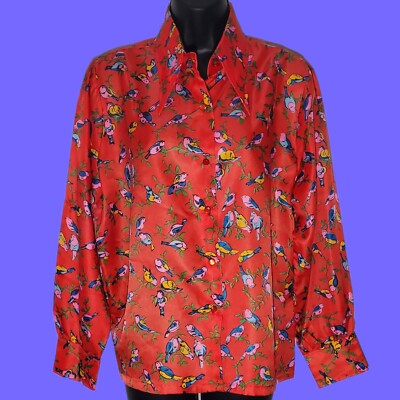 Vintage VTG 1970s Red BIRD Print Blouse TAKE #42 Retro Mod Boho