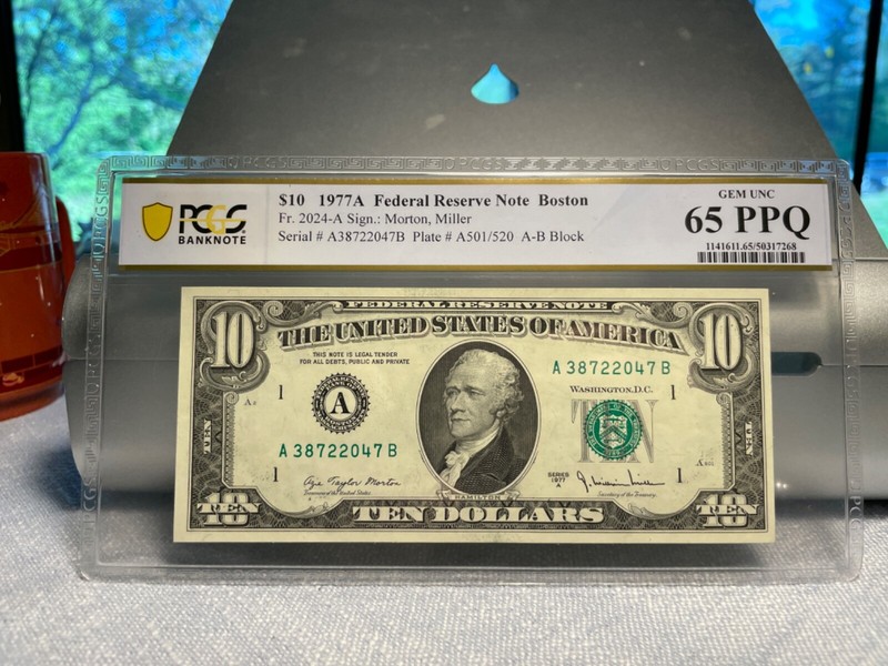 (#101456) 1977 $10 Boston.  AB block. FR 2024 PCGS 65 PPQ  (1 of 2 sequential)