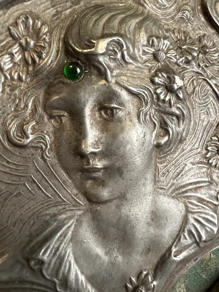 Miroir Face a Main Art Nouveau Visage Femme Etain Georges De Feure - Photo 2/4