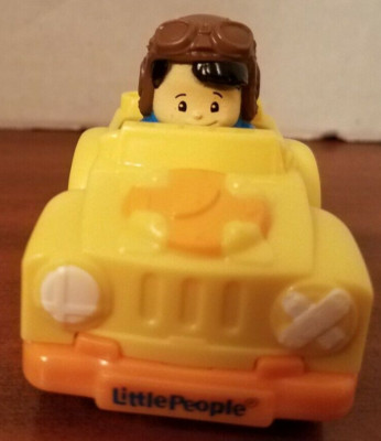 Fisher Price Little People Wheelie Brown headed boy w/leather helmet yellow car 