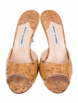 Neu Manolo Blahnik Astuta Beige Glänzend Kork Lack Slide Sandalen Schuhe 40.5