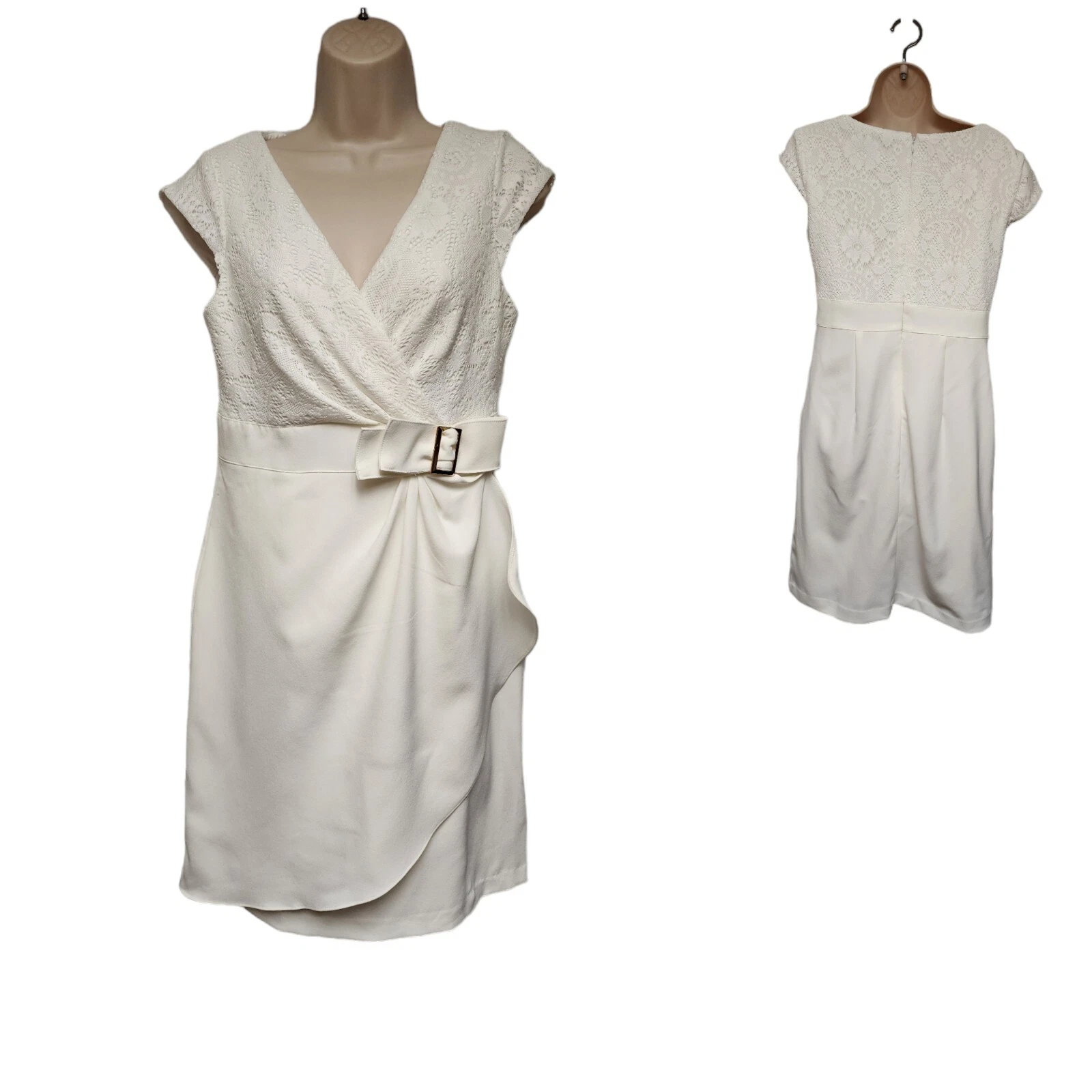 OFF WHITE Abito tubino STUDIO ONE bianco sporco scollo a V senza maniche finto avvolgente taglia 8