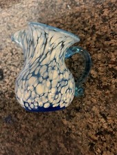 Old Small HAND BLOWN White SPLATTER Blue Art Glass PINCHED SIDES VASE/CRAFE