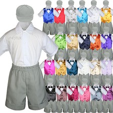 5pc Baby Boys Toddler Formal Vest Shorts Silver Suit Satin Vest Bow Tie Set S-4T