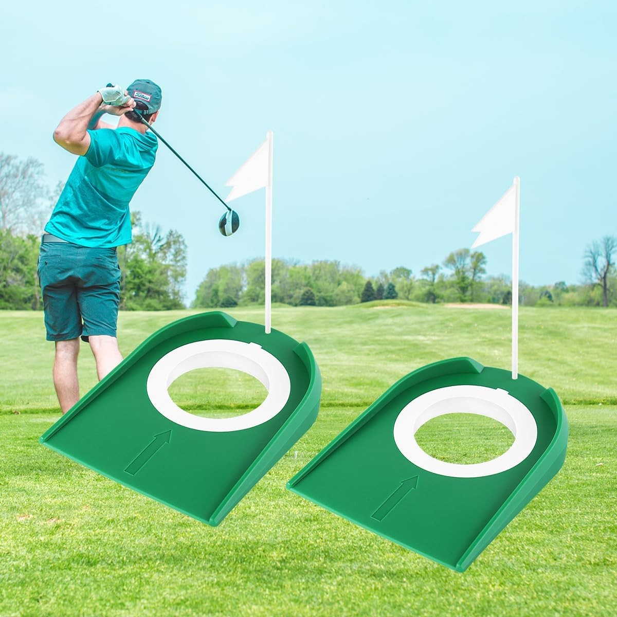 2 Pack Golf Putting Cup with Flag Indoor 17.8 cm x 13.8 cm, Green 