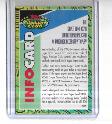 1993 Stadium Club Football Info Card Super Team Game Card