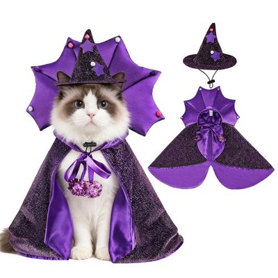 QKURT Pet Halloween Costumes-Wizard Cat Clothes Cloak and Hat, Medium, Purple 