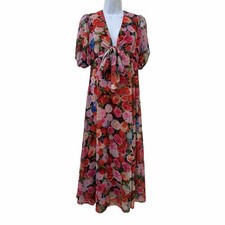 Mac Duggal Floral Puff Sleeve Flowy Midi Dress Size 6 Rose Event Wedding Guest