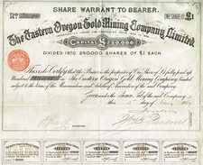 USA EASTERN OREGON GOLD MINING COMPANY stock certificate/bond 1869