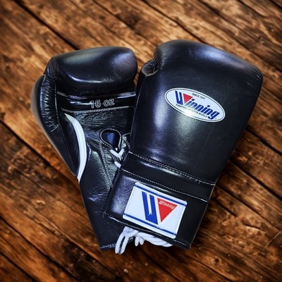 Adults Winning Black Leather Boxing Gloves Lace Up Sparring Training Wear Gloves