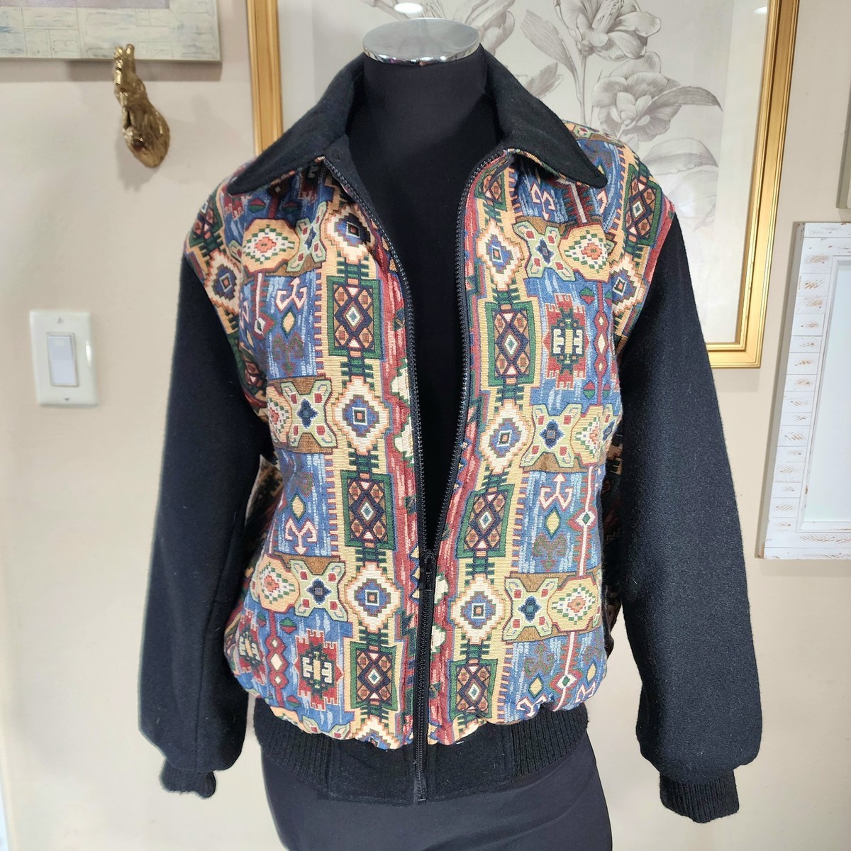 Bee-Wild Tapestry Wool Bomber Jacket Vtg Oklahoma USA Unisex Medium