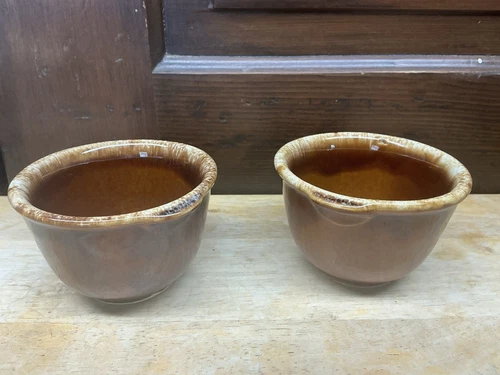Set Of 2 Hull USA Brown Drip Ramekin/Custard Cups 2 1/2” Tab Handles Oven Proof