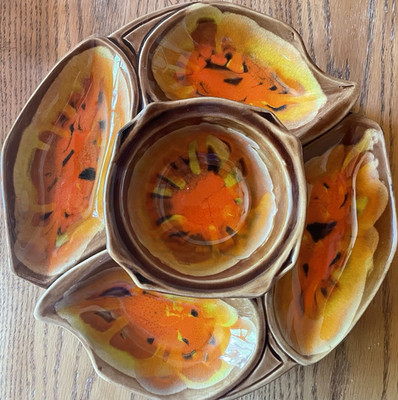 Cal Orig. Ceramic Chip Dip Bowl Set Orange Brown USA Pottery Mid Century Vintage