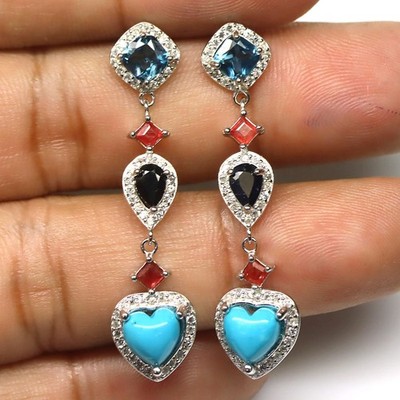 925 Sterling Silver Blue Turquoise, Topaz, Sapphire, Ruby & Zircon Earrings