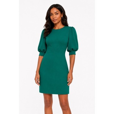 Calvin Klein | Emerald Green Puff Sleeve Sheath Dress Gold Back Zip | Size 4