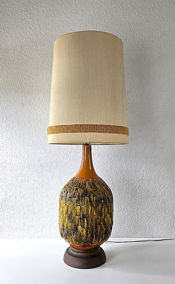 Vintage MCM Brutalist Ceramic Pottery Table Lamp Original Shade 47.5" Tall
